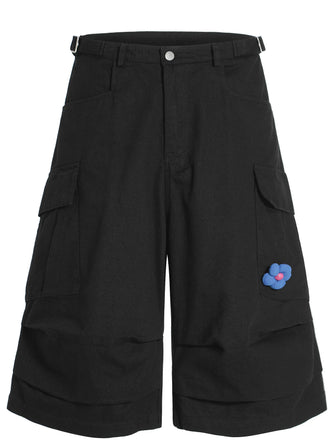 Men's Wide Leg Cargo Shorts with Flower Patch Black