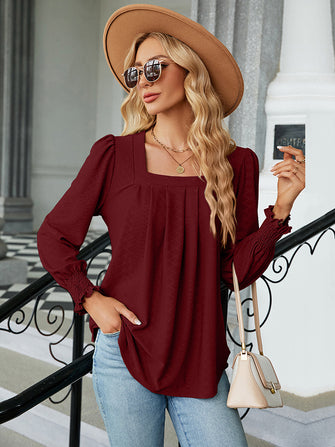 Square Neck Puff Sleeve Blouse Wine