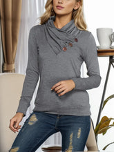 Shiny Buttoned Mock Neck Long Sleeve Blouse Dark Gray Woman Blouses