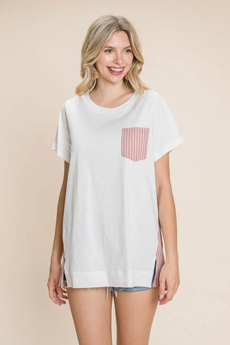 Cotton Bleu by Nu Label Contrast Striped Short Sleeve T-Shirt Berry