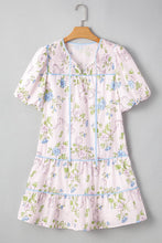 Printed Tie Neck Short Sleeve Mini Dress