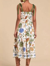 Tropical Print Tie-Shoulder Sweetheart Neck Midi Dress