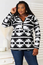 Heimish Full Size Geometric Notched Neck Long Sleeve Top Woman Blouses