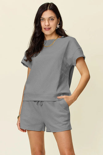 Double Take Full Size Texture Short Sleeve T-Shirt and Drawstring Shorts Set Gray