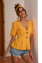 Buttoned V-Neck Short Sleeve Blouse Woman Blouses