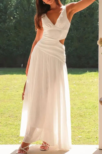 Cutout Back V-Neck Dress White Casual Dresses