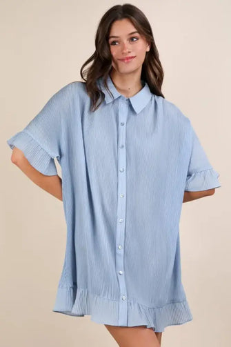 VERY J Pleated Detail Button Down Mini Dress Sky Casual Dresses