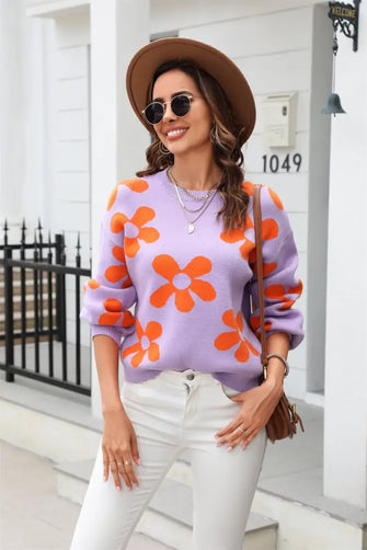 Angel Wings Floral Print Round Neck Dropped Shoulder Pullover Sweater Lavender Sweater Pullovers
