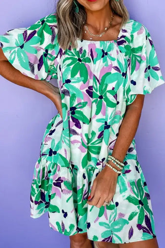 Floral Print Shirred Square Neck Loose Fit Mini Dress Floral Casual Dresses