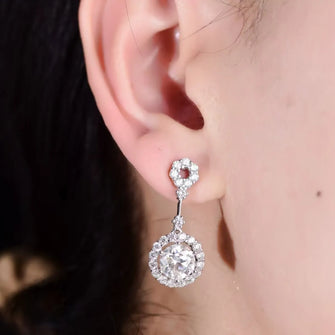 4 Carat Crystal Drop Dangle Earrings with Round Halo Design White One Size