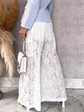 White lace wide-leg pants with floral pattern and side pockets in lace wide-leg style for elegant wear