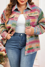 Plus Size Pocketed Printed Collared Neck Jacket Tan