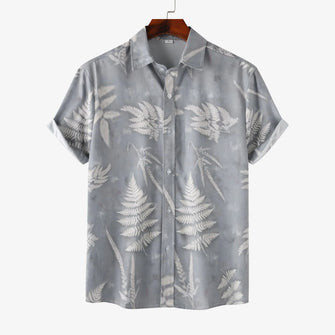 Men's Casual Fern Print Short Sleeve Button-Up Shirt Gray