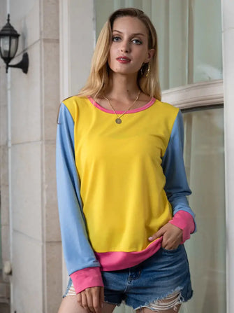 Shiny Contrast Round Neck Long Sleeve Top Banana Yellow Woman T Shirts
