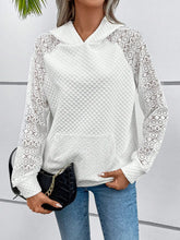 Lace Openwork Kangaroo Pocket Hoodie White Woman Sweatshirts