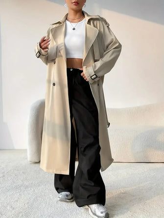 Collared Neck Long Sleeve Longline Trench Coat Beige Woman Outerwear