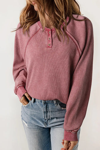 Waffle Knit Raglan Sleeve Henley Sweatshirt Moonlit Mauve