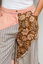 Patchwork high-waisted wide-leg pants in pink denim with brown floral print partial elastic and side big star patch