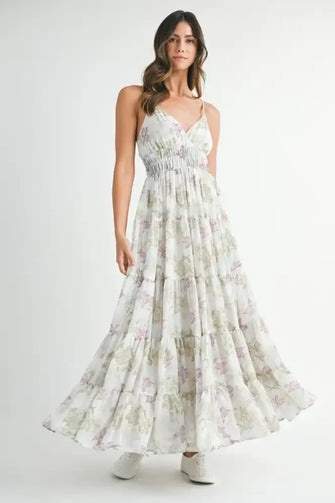MABLE Floral Print Tiered Cami Maxi Dress Green Casual Dresses