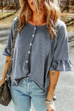 Button Front Flounce Sleeve Tee Dark Blue