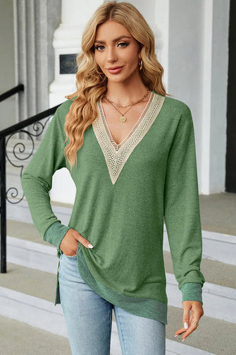 Slit V-Neck Long Sleeve T-Shirt Green