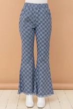 Blue and gray checkered denim checkerboard high waist bell pants with a frayed hem for a stylish fit