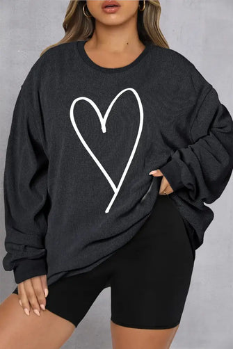Plus Size Heart Ribbed Round Neck Sweatshirt Black Woman Sweatshirts