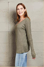 V-Neck Long Sleeve Ribbed Top Woman Blouses