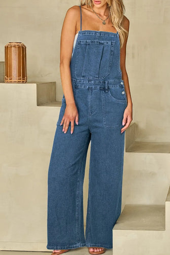 Adjustable Tie Straps Wide Leg Denim Overalls Medium