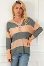 Striped Buttoned Dropped Shoulder Slit Sweater Camel Sweater Pullovers
