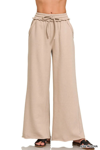 Zenana Fleece Exposed Seam Wide Leg Sweatpants ASH MOCHA