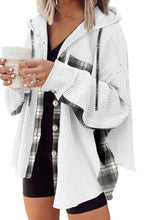 Waffle Knit Plaid Patchwork Drawstring Hooded Shacket Woman Outerwear