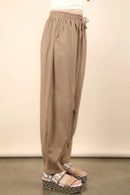 Beige very j solid barrel comfy woven pants with elastic waistband drawstring relaxed fit and subtle patchwork detailing