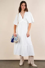 VERY J Mineral Washed Elastic Neck Detail Midi Dress White Casual Dresses