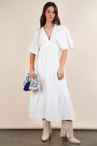 VERY J Mineral Washed Elastic Neck Detail Midi Dress White Casual Dresses