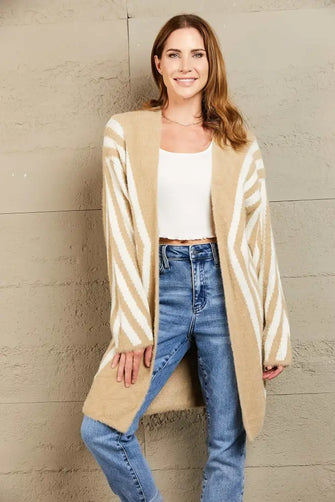 Woven Right Two-Tone Open Front Fuzzy Longline Cardigan Khaki Woman Outerwear