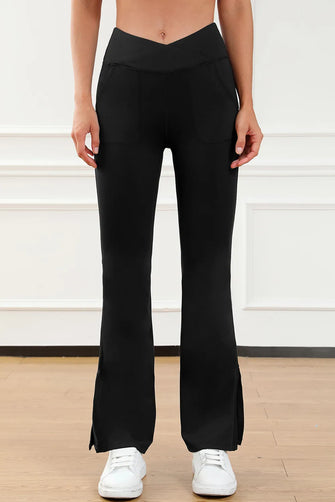 Wide Waistband Slit Bootcut Active Pants Black