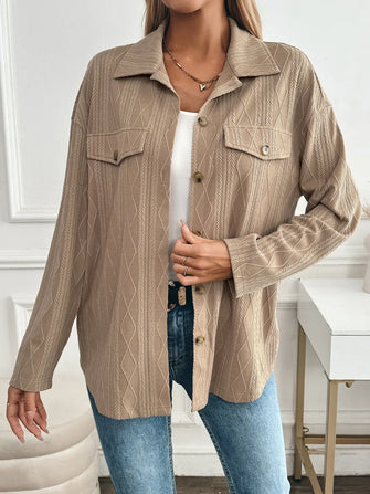 Textured Collared Neck Button Down Shacket Camel