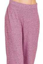 Pink heathered knit flare pants with a soft elastic waisted band for comfortable wear by zenana