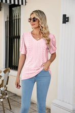 Eyelet Puff Sleeve V-Neck Top Woman T Shirts