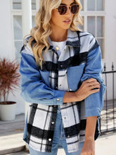 Pocketed Plaid Snap Down Denim Jacket Woman Outerwear