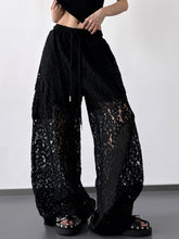 Black lace wide leg pants with sheer intricate floral pattern and drawstring waist for elegant styling