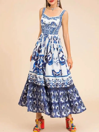 Smocked Printed Wide Strap Dress Dark Blue Casual Dresses