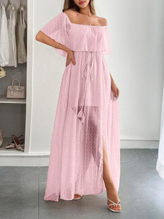 Swiss Dot Off Shoulder Maxi Dress Blush Pink Woman Maxi Dress