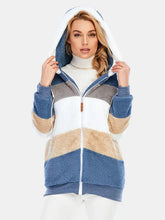 Full Size Drawstring Color Block Zip Up Hooded Outerwear Woman Outerwear