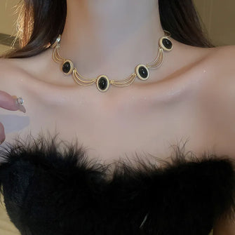 Alloy Oval Gemstone Necklace Gold One Size