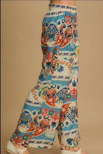 Umgee full size wide leg border print pants in blue red orange and cream paisley floral print on lightweight fabric