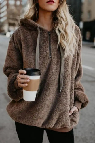 Full Size Quarter-Zip Drawstring Teddy Hoodie Brown Woman Sweatshirts