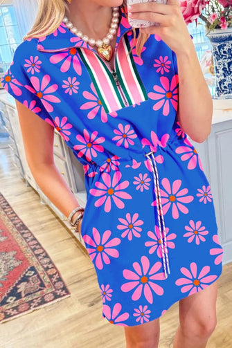 Floral Print Zip Collar Drawstring Summer Mini Dress Blue