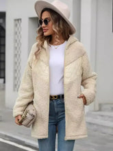 Fuzzy Zip Up Long Sleeve Hooded Jacket Cream Casual Dresses